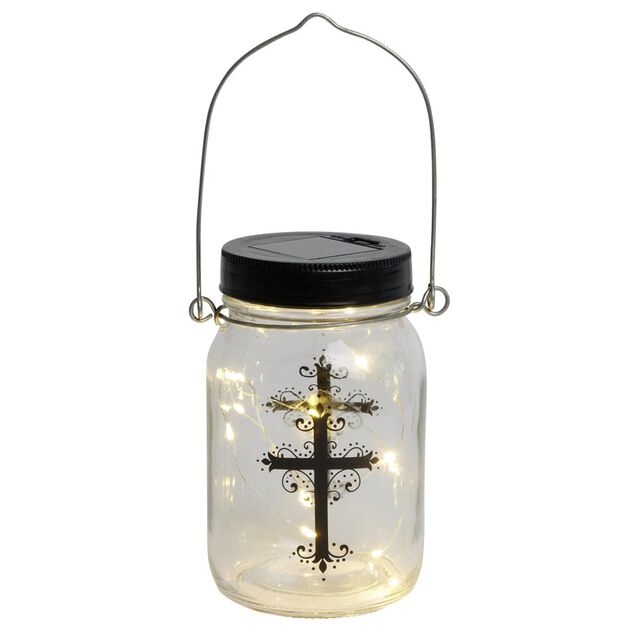 Lanterne fun&eacute;raire solaire LED en verre avec croix &agrave; l'int&eacute;rieur &Oslash;7xH14cm