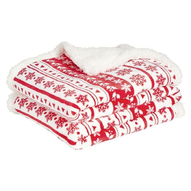 Plaid imprim&eacute; flocon No&euml;l rouge blanc dos sherpa 120x150cm