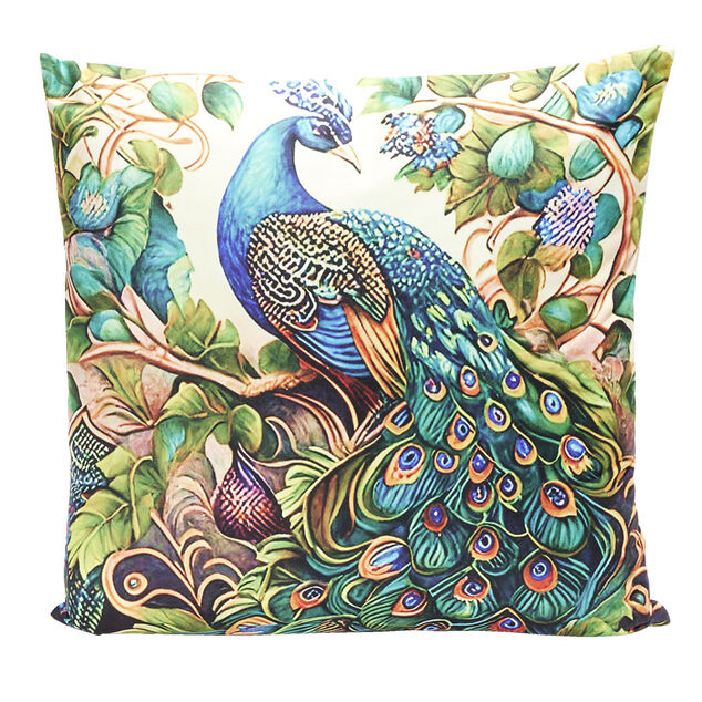 Housse de coussin velours recto &agrave; motif paon 45x45cm