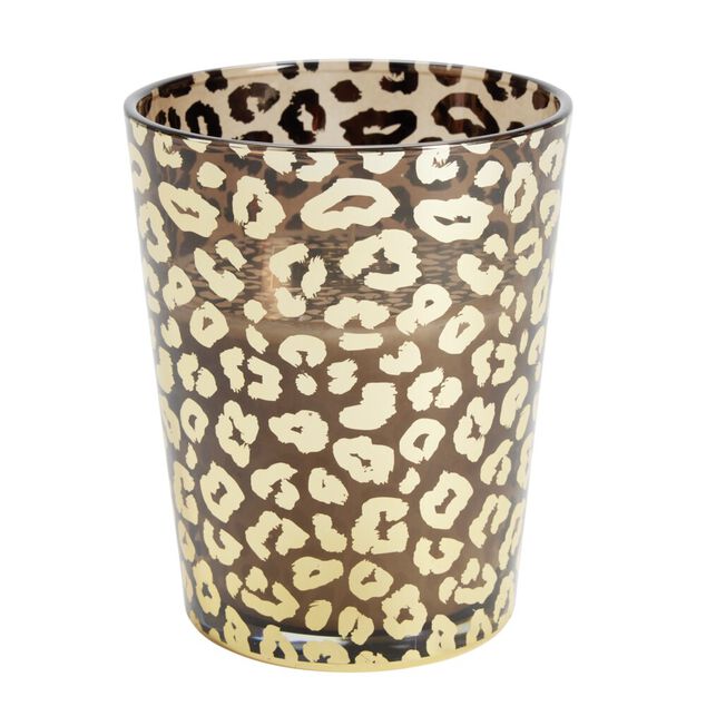 Bougie XXL dans pot en verre motif l&eacute;opard senteur oud 75H
