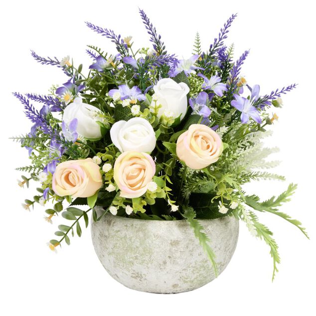 Vasque ciment roses bruy&egrave;re et gypsophile &Oslash;33xH32cm (4 mod&egrave;les)