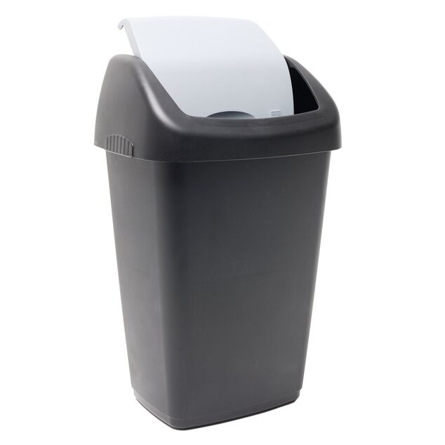Poubelle &agrave; rabat 15L plastique noire couvercle gris 29x23xH47cm