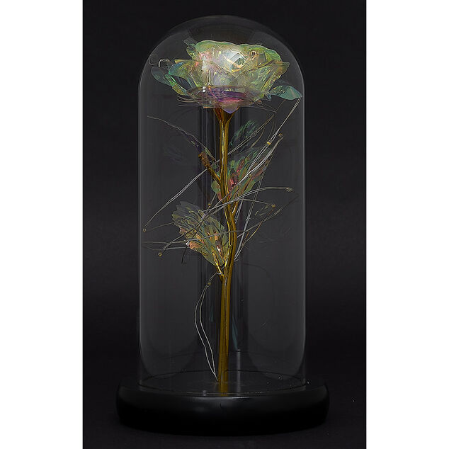 Rose iridescente &agrave; led sous cloche