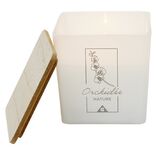 Bougie dans pot carr&eacute; avec couvercle bois senteur orchid&eacute;e