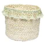 Pani&egrave;re ronde en jonc naturel avec pompons vert &Oslash;19 cm