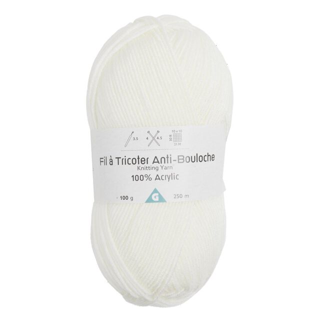 Pelote de fil &agrave; tricoter acrylique anti bouloche blanc cass&eacute;