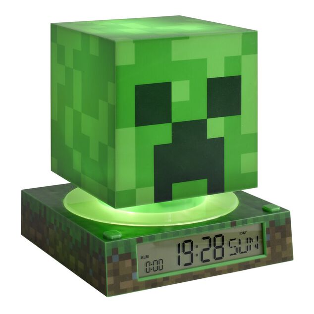 Lampe 3D r&eacute;veil Minecraft avec affichage date Creeper vert 13x13xH15cm