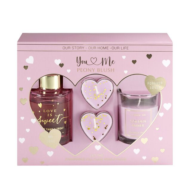 Coffret senteur avec  diffuseur b&acirc;tonnets et bougies forme coeur (2 mod&egrave;les)