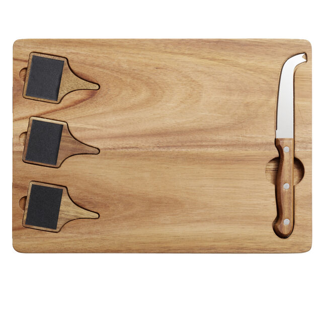 Plateau &agrave; fromage en bois avec couteau et 3 pancartes