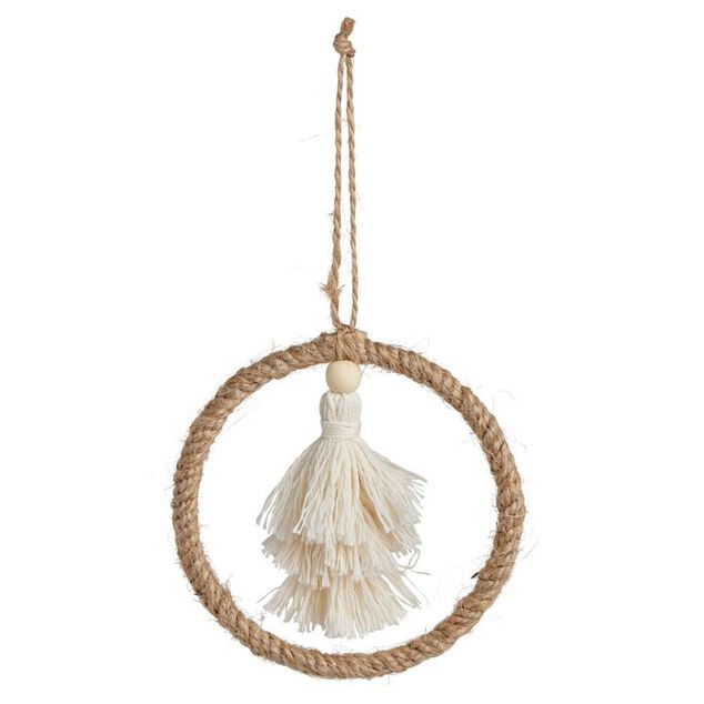D&eacute;coration pompon dans cercle &agrave; suspendre beige &Oslash;10cm