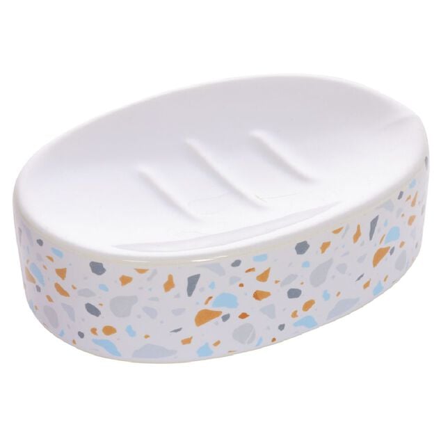 Porte-savon c&eacute;ramique motif terrazzo blanc et bleu 13x8,5xH3cm