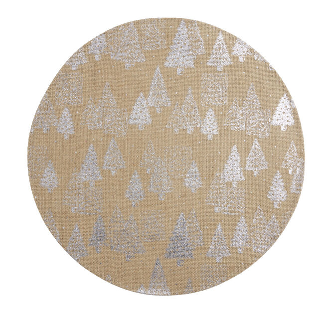 Set de table rond en jute naturel motifs sapins argent&eacute;s &Oslash;38cm
