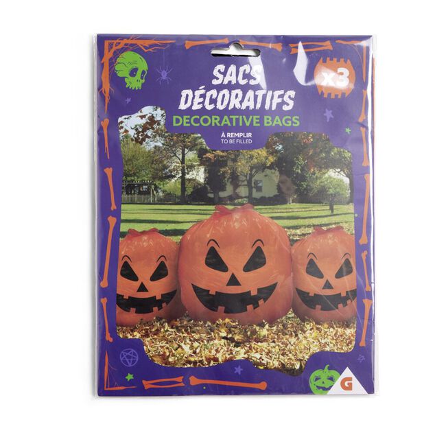 Lot de 3 sacs Halloween d&eacute;coratifs &agrave; remplir t&ecirc;te de citrouille