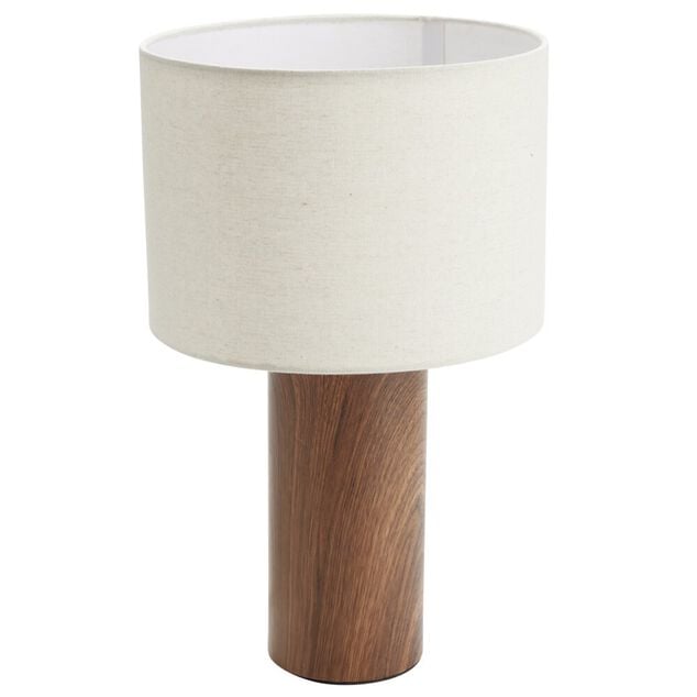 Lampe &agrave; poser base c&eacute;ramique effet bois abat-jour blanc &Oslash;24xH37cm