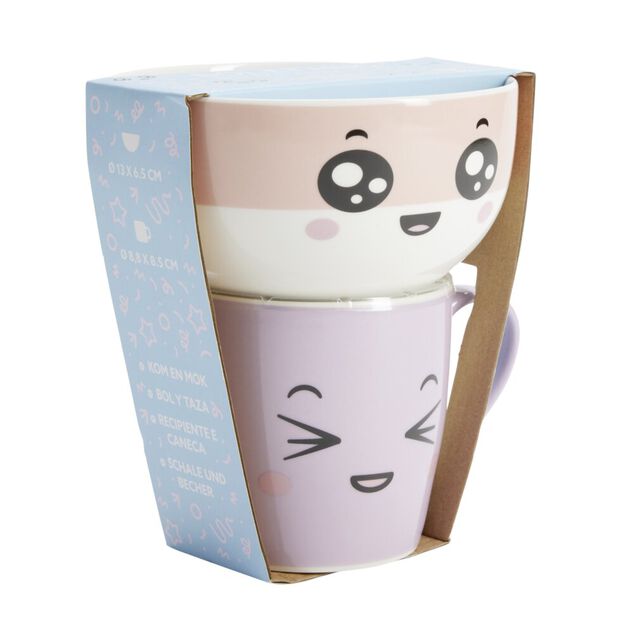 Bol 500ml avec mug 300ml kawaii porcelaine rose et violet