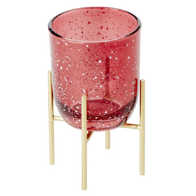 Bougeoir en verre rouge sur pied en m&eacute;tal dor&eacute;