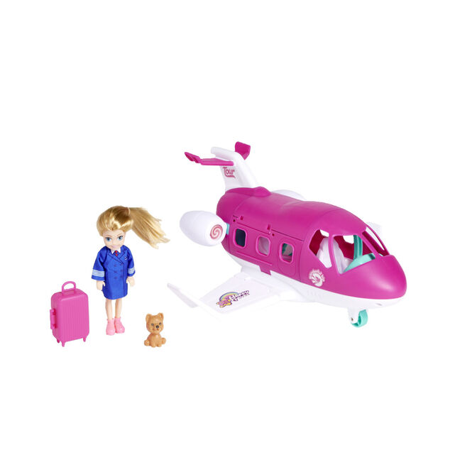 Jouet avion rose avec poup&eacute;e et accessoires