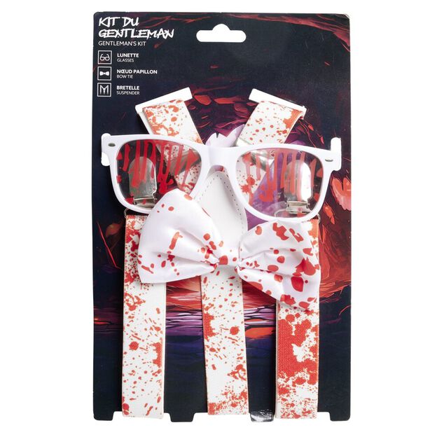 Accessoires Halloween lunettes bretelles et noeud papillon ensanglant&eacute;s