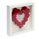 Cadre photo bois blanc avec coeur en roses rouges inscription I Love You 20x20cm