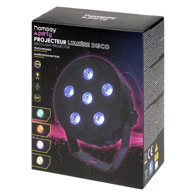 Projecteur de lumi&egrave;re disco rond 6LED RGB 360&deg; avec t&eacute;l&eacute;commande H14cm