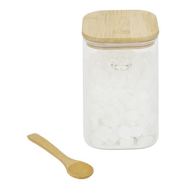 Bocal en verre transparent 1,05L avec couvercle et cuill&egrave;re en bambou