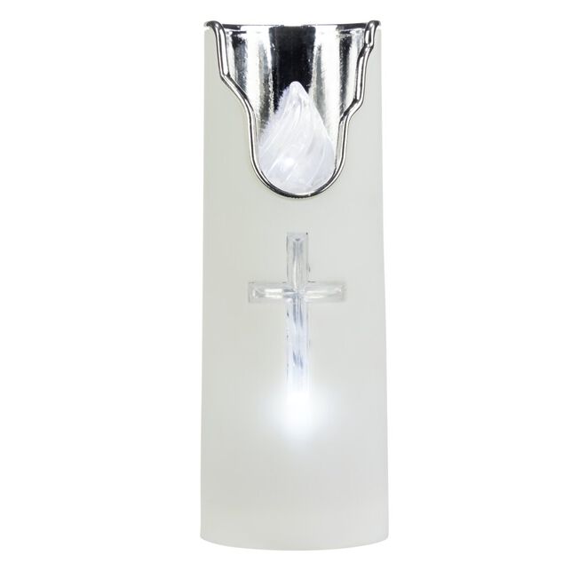 Bougie religieuse blanche LED croix &Oslash;5,5xH15cm