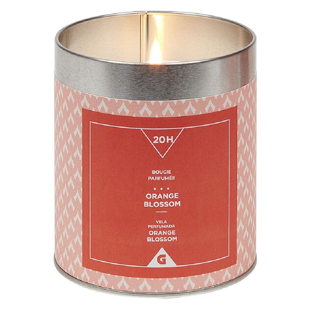 Bougie dans pot en m&eacute;tal senteur orange