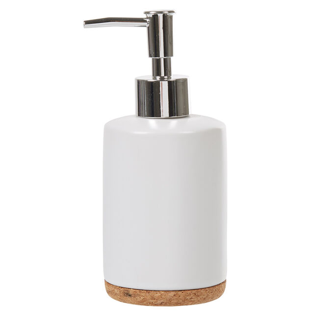 Distributeur de savon c&eacute;ramique blanc avec fond li&egrave;ge