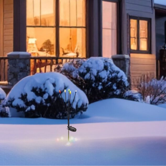 Borne solaire &agrave; planter 5 tiges forme flocon de neige LED blanc chaud H70cm