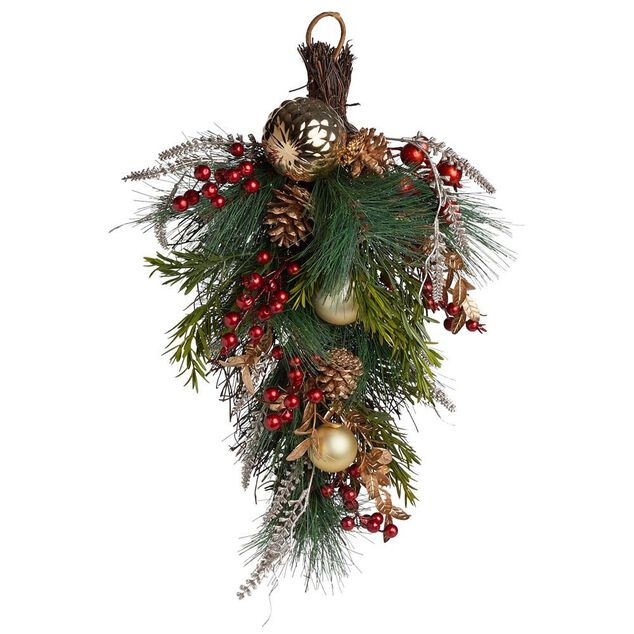 D&eacute;coration de No&euml;l dor&eacute; et rouge &agrave; suspendre ou poser H50cm