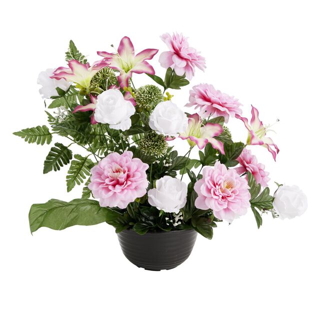 Composition florale artificielle dalhia/lys/roses blanc et rose H52cm