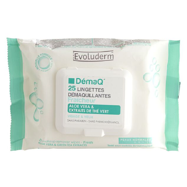 Lingette d&eacute;maquillante Evoluderm Alo&eacute; vera th&eacute; vert x25