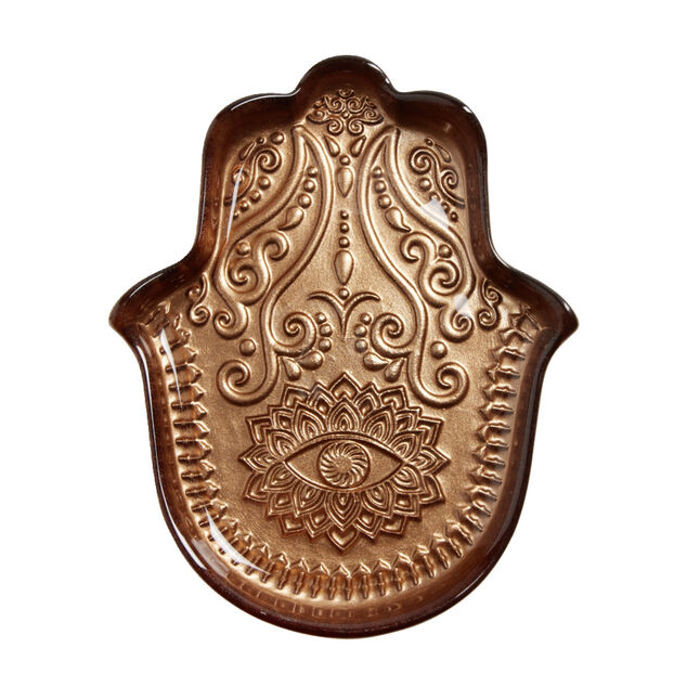 Plat de présentation forme main de Fatma en verre orange cuivré 17x21cm