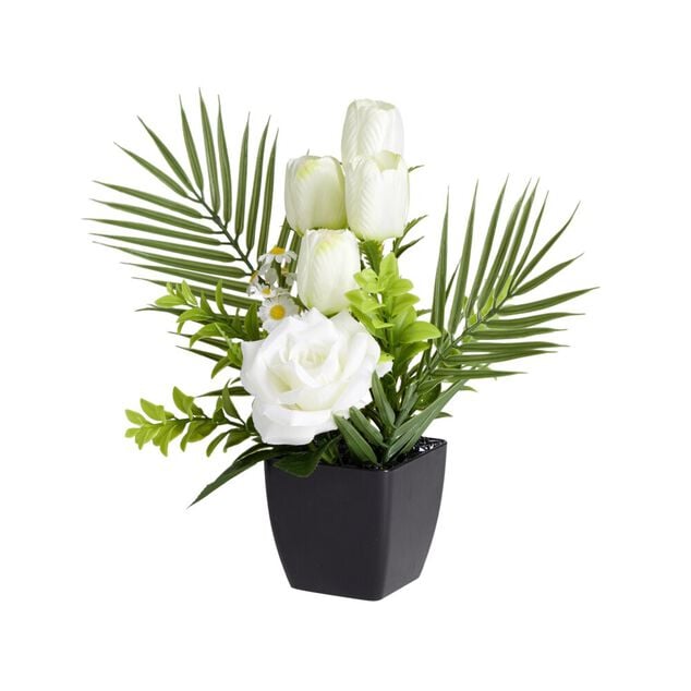 Composition florale artificielle roses et tulipes blanches pot 20x18xH34cm