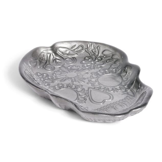 Plat Halloween t&ecirc;te de mort mexicaine en verre noir 15x11xH2cm