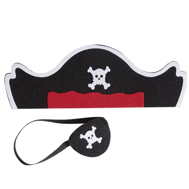 Chapeau de pirate et cache-oeil motif t&ecirc;te de mort noir rouge blanc