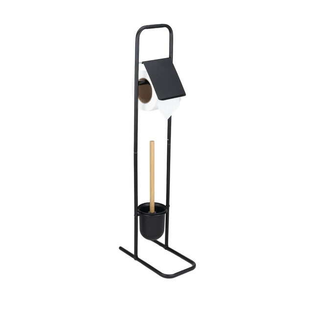 Support papier WC m&eacute;tal noir avec brosse 27x14,5xH79,5cm