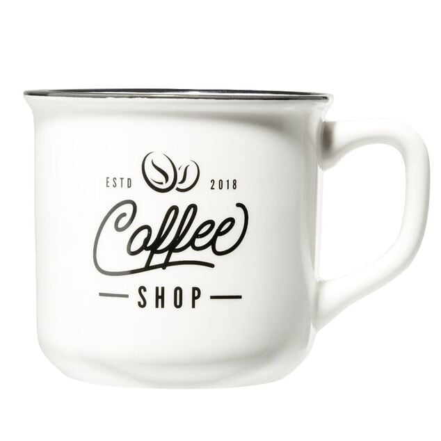 Mug caf&eacute; en porcelaine effet email blanc bord noir Coffee shop 33cl H8,5cm