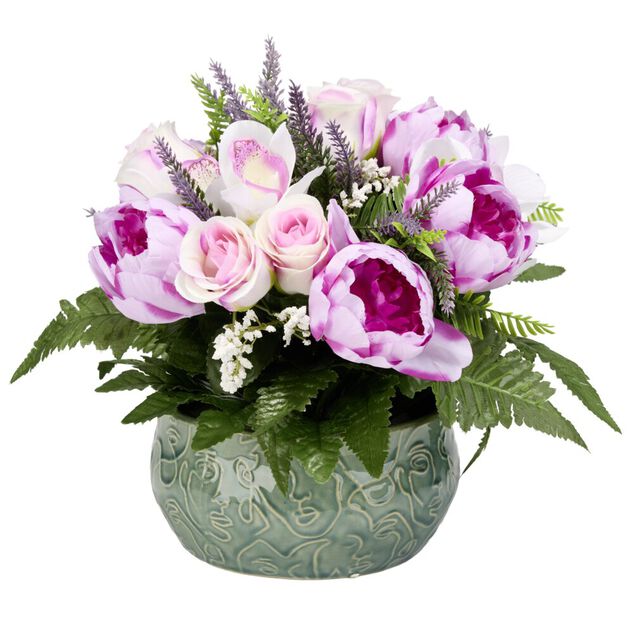 Vasque c&eacute;ramique pivoines orchid&eacute;es roses bruy&egrave;re &Oslash;42xH38cm (3 mod&egrave;les)