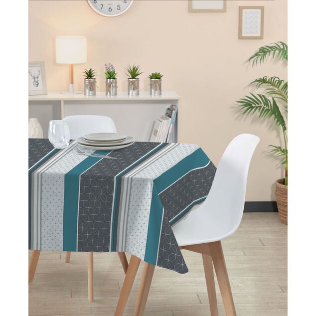 Nappe rectangulaire toile cir&eacute;e carreau de ciment gris et bleu