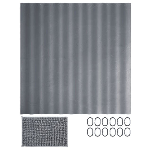 Rideau de douche avec anneaux et tapis salle de bain chenille (2 mod&egrave;les gris ou vert)