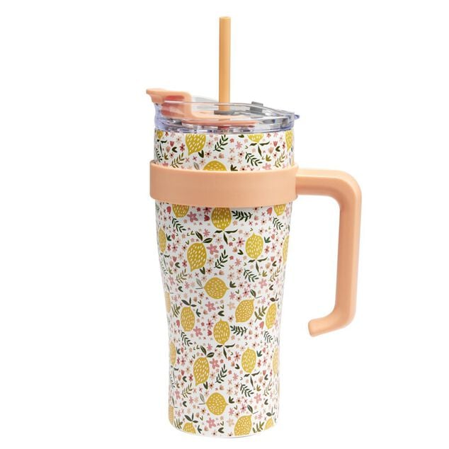 Gourde mug 900ml inox et plastique motif citrons avec paille