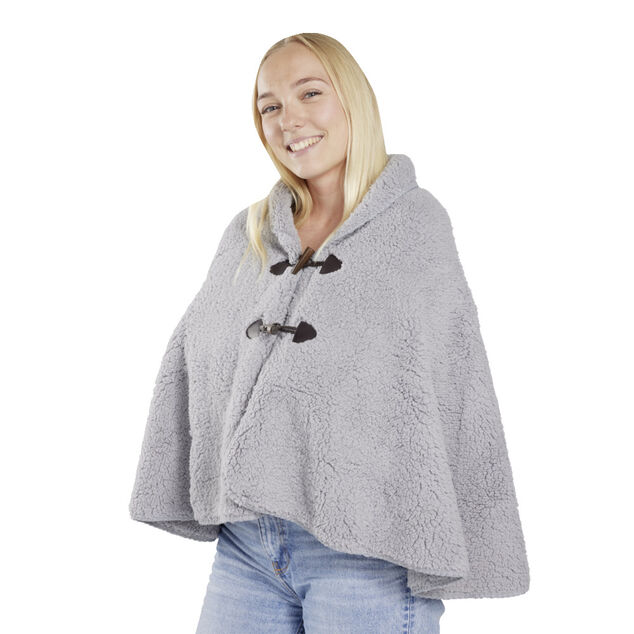 Veste plaid châle moutonné gris 75x150cm avec boutons à brandebourg