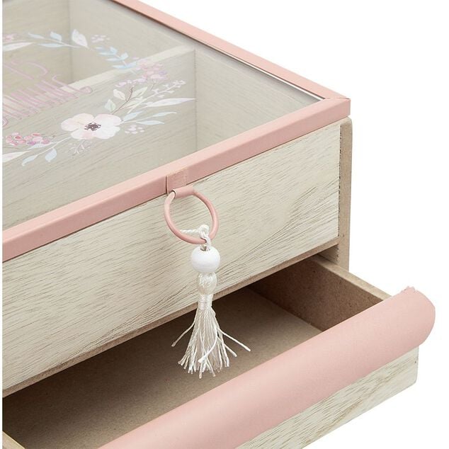 Bo&icirc;te &agrave; bijoux 3 casiers et 1 tiroir naturel et rose