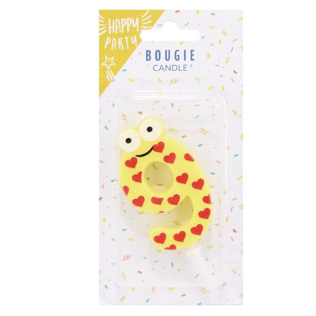Bougie chiffre 9 cire personnage coeurs jaune et rouge H8,5cm