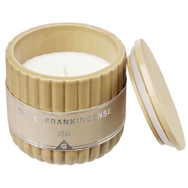 Bougie dans pot c&eacute;ramique et bambou &Oslash;9xH8cm