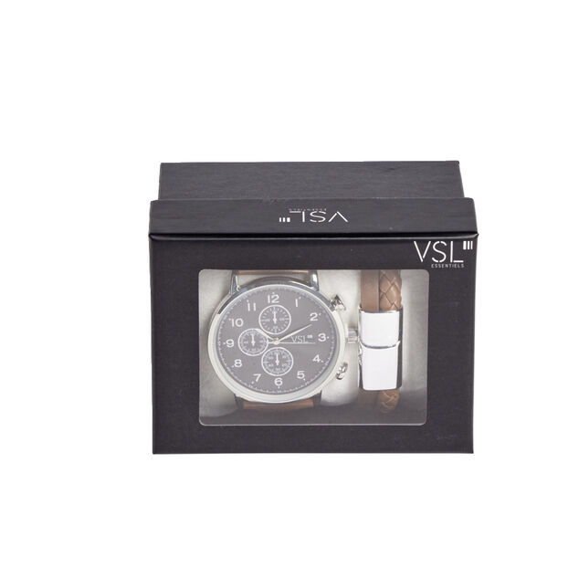 Ensemble montre et bracelet homme simili marron