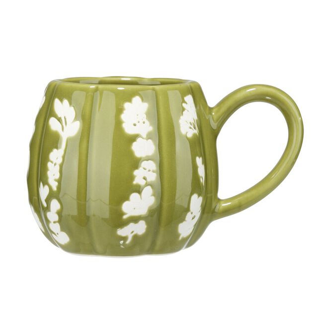 Mug automne c&eacute;ramique motif floral blanc 13x9xH8cm (2 mod&egrave;les vert ou rouge)