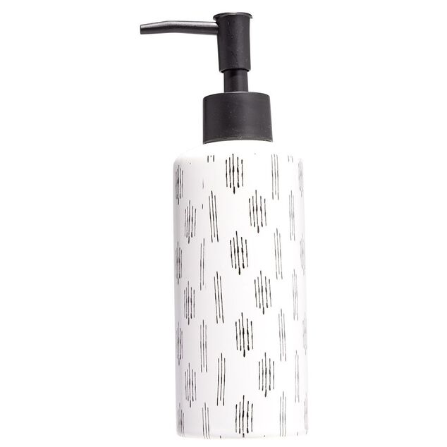 Distributeur de savon c&eacute;ramique blanc et noir motif trait &Oslash;6xH15cm
