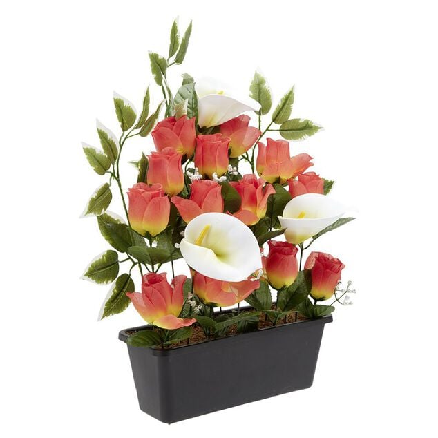 Jardini&egrave;re rose/arum 20 t&ecirc;tes blanc et orange